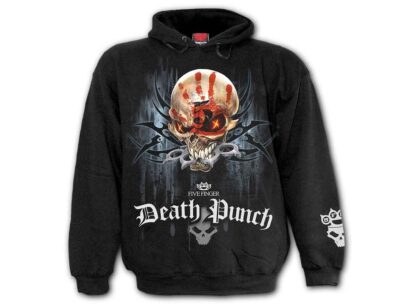 The front of the hoodie features a fierce skull with pointed teeth grasping a set of knuckledusters. A bloody red handprint covers one eye and stretches across the cranium. The words Five Finger Death Punch are inscribed below the skull.