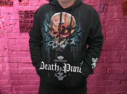 The front of the hoodie has a kangaroo pouch pocket and the Fiver Finger Death Punch logo on the sleeve in silver