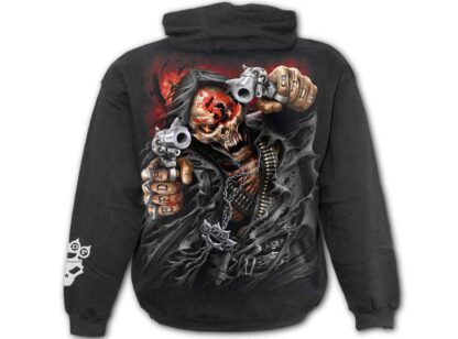 The back of the hoodie is almost completely filled with a grinning skull with pointed fangs and a bloody red handprint across its face. It's clad in a ragged black cloak and is holding two guns pointed at the viewer. A bullet bandolier crossed across his chest. 5FDP is tattoed across the fingers of both hands.