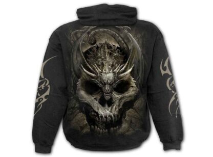 The back of the hoodie has a huge skull mounted by a dragon growling at the viewer. One taloned claw rests above the mouth of the skull while its wings stretch out above it.