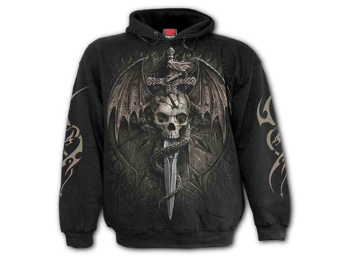 Black hoodie - in grey there is an image of a skull impaled on a sword which has a dragon wrapped around it. The dragons wings stretch the full width of the hoodie chest. Tribal dragon patterns are printed in silver on the sleeves