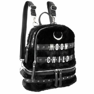 This furry black backpack has the words Moon Child in silver letting below a silver crescent moon