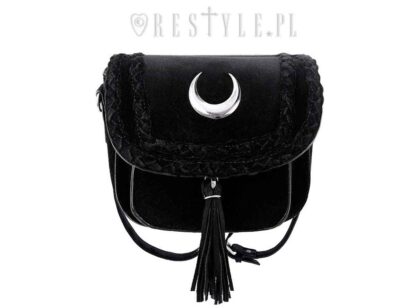 Front view showing the long shoulder strap, the tassles hang from the front of the velvet flap