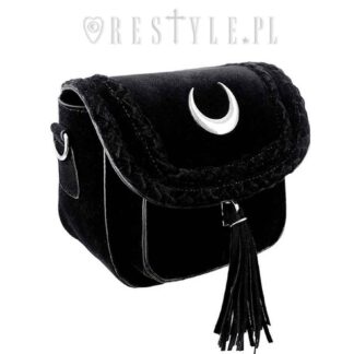 A cute little black velvet handbag with a front flap decorated with a silver crescent moon and black tassles