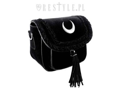 A cute little black velvet handbag with a front flap decorated with a silver crescent moon and black tassles