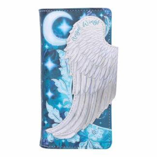 This embossed purse features a white angel wing stretching across the front - the backdrop is a crescent moon and floral embellishments. The wing is actually the closure to the front flap and once opened it reveals the words when features appear angels are near. The colours are a variety of calm and soothing blues.
