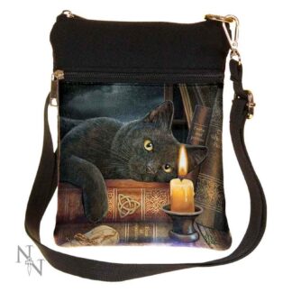 This black canvas bag is inset with a PU image of a black cat resting on a couple of witchy books. A candle burns in front of it. The atmosphere is one of magical contemplation.