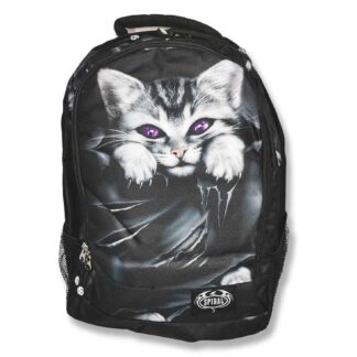 The front of the backpack features a white and black kitten with purple eyes. The print makes it look like the kitten is sitting in a pouch at the front of the pack and has ripped it up with its claws. Naughty kitty!