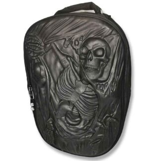 The image is of a skeleton ripping its way out of the backpack towards the viewer. But rather unusually it's all done in black hard rubber giving it a marvellously 3D effect - very tactile and interesting.