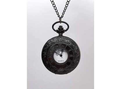 The closed fob watch is a black metal inscribed with swirling decorations around etched roman numerals. In the centre is a glass panel revealing the hands of the watch
