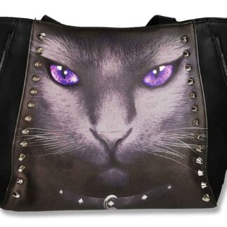 The front of this tote has a grey cat with glowing purple eyes and a black studded collar - either side of the image there are silver studs. The bag itself is black PU leather.