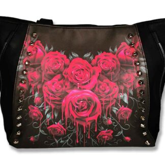 The front is decorated with a bouquet of red roses. They look like they're dripping blood down the front of the bag. Grey foliage ties the image together making this a beautiful and yet macabre image.