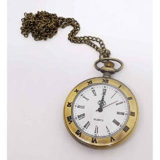 An open fob watch (no cover) with antique gold surrounds, a white watch face with black roman numerals and black hands