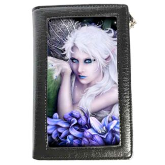 The font of the purse is inset with a white haired fairy. She has piercing blue eyes and blue lipstick set off by her wispy white hair. Below her are purple flowers.