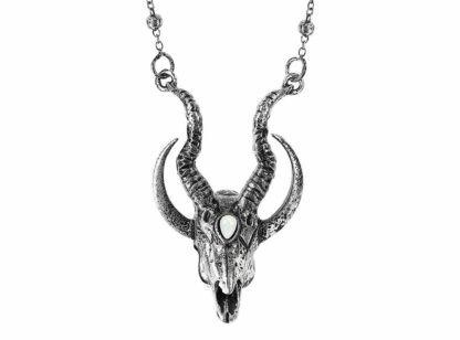 The pendant is antique silver and is an animal skull with large horns. A crescent moon runs through the eye sockets and meets up with the horns on either side. There is an opal-type gem in the centre of the forehead.