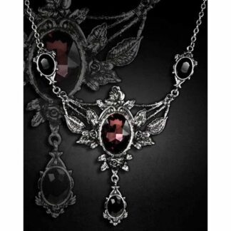 This gloriously gothic necklace has a large central oval shaped red wine coloured gem. On either side there are roses and leaves shaped in antique silver. A black drop-gem hangs from the bottom