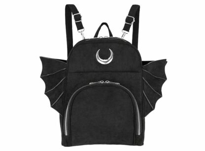 A black backpack decorated with a silver crescent moon. To either side of the pack there stretches batwings. You can see a silver zippered pouch on the front