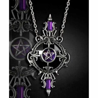 This pendant has a large, round, faceted black stone. Silver filigree winds around the stone and in the middle there is a purple gem with silver pentagram. To the top and bottom of the central stone are long thin purple gems topped with antique silver decorations