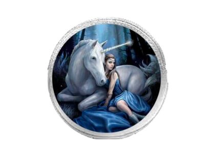 This cute little silver coin purse has a 3D image of a woman in a flowing and shimmery blue dress. She's seated next to a white unicorn who is gently nuzzling her. A blue moon hangs in the sky above them.