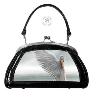 A small patent (shiny) evening bag featuring an image of an angel, her white wings stretch out behind her - she has long white blonde hair and is in a white dress. The feeling is calm and serenity.