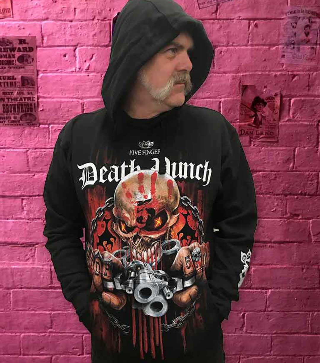 Gordon in the very metal Death Punch hoodie