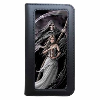 The front of this sleek black phone wallet shows a girl holding an hour glass that's run out, a grim reaper has come to claim her, his skeletal hand on her shoulder, his scythe framing the top of the image. It's creepy and dark and deliciously gothic.