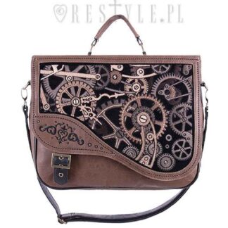 The front of this brown satchel has steampunk cogs and gears embroidered onto the front flap
