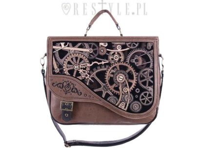 The front of this brown satchel has steampunk cogs and gears embroidered onto the front flap
