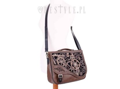 This steampunk satchel has a long shoulder strap to make it hang at hip height, as well as a handle on the top