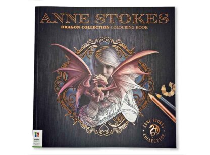 The front of the Anne Stokes Dragon Collection colouring book features her Dragonkin artwork - a girl holding a baby dragon in her hands - so cute