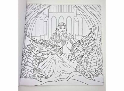 An internal page, Anne Stokes' Fierce Loyalty artwork is presented in line form so you can colour it in however you want