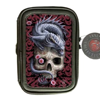 A sturdy pencil / tablet case, the front has the Anne Stokes Oriental Dragon design - a grinning bone-coloured skull with a grey dragon perched on its head, the background is red and black chinese dragon patterns