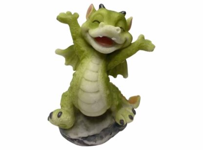 This green dragon has its arms outstretched in joy - its closed eyes and massive grin brings a smile to your face