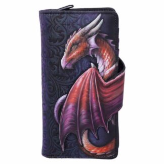 A red dragon against a blue background, the red wing forms the purse closure