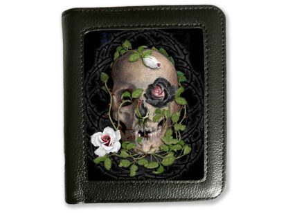 The front image is a bone coloured skull with green vines curling in and out of the eye sockes and mouth. White and black roses decorate the image, with a open black rose across one of the eye sockets. Life and death indeed.