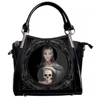 The front features an image of a girl veiled in shimmering grey holding a skull between her hands. Very goth!