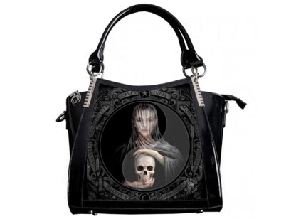 The front features an image of a girl veiled in shimmering grey holding a skull between her hands. Very goth!