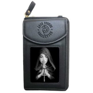 The front flap of this phone purse features the Anne Stokes Gothic Prayer artwork - a hooded lady clasps a rosary between her hands, her eyes are closed and her head bowed in prayer