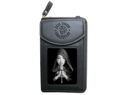 The front flap of this phone purse features the Anne Stokes Gothic Prayer artwork - a hooded lady clasps a rosary between her hands, her eyes are closed and her head bowed in prayer