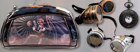 Steampunk goggles, evening bag and fob watch