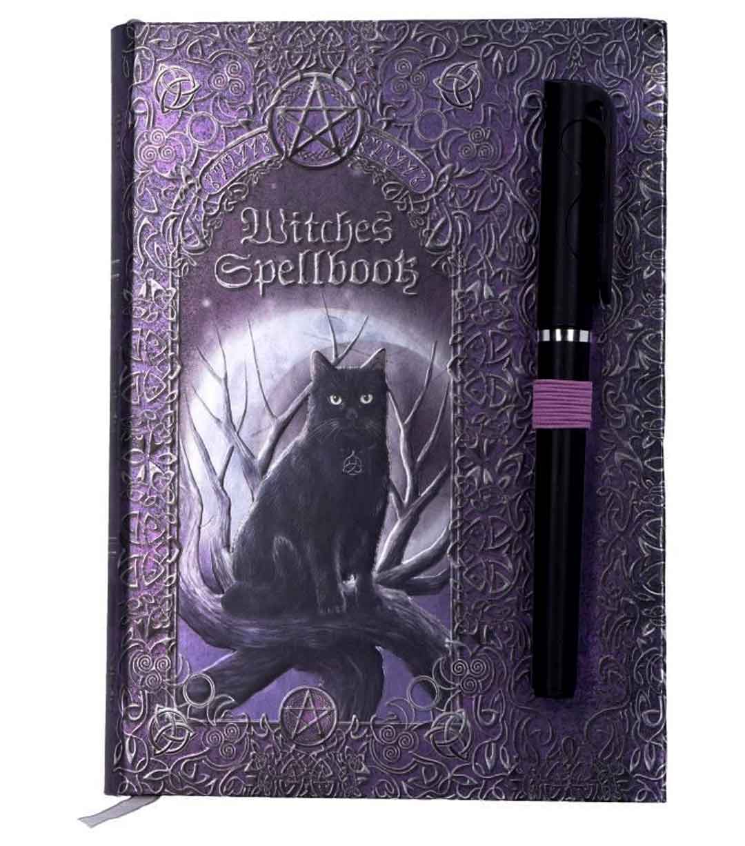 A purple journal with a black cat sitting on a spooky branch with a pen attached.  There is a pentagram at the top and the words Witches Spellbook above the cat