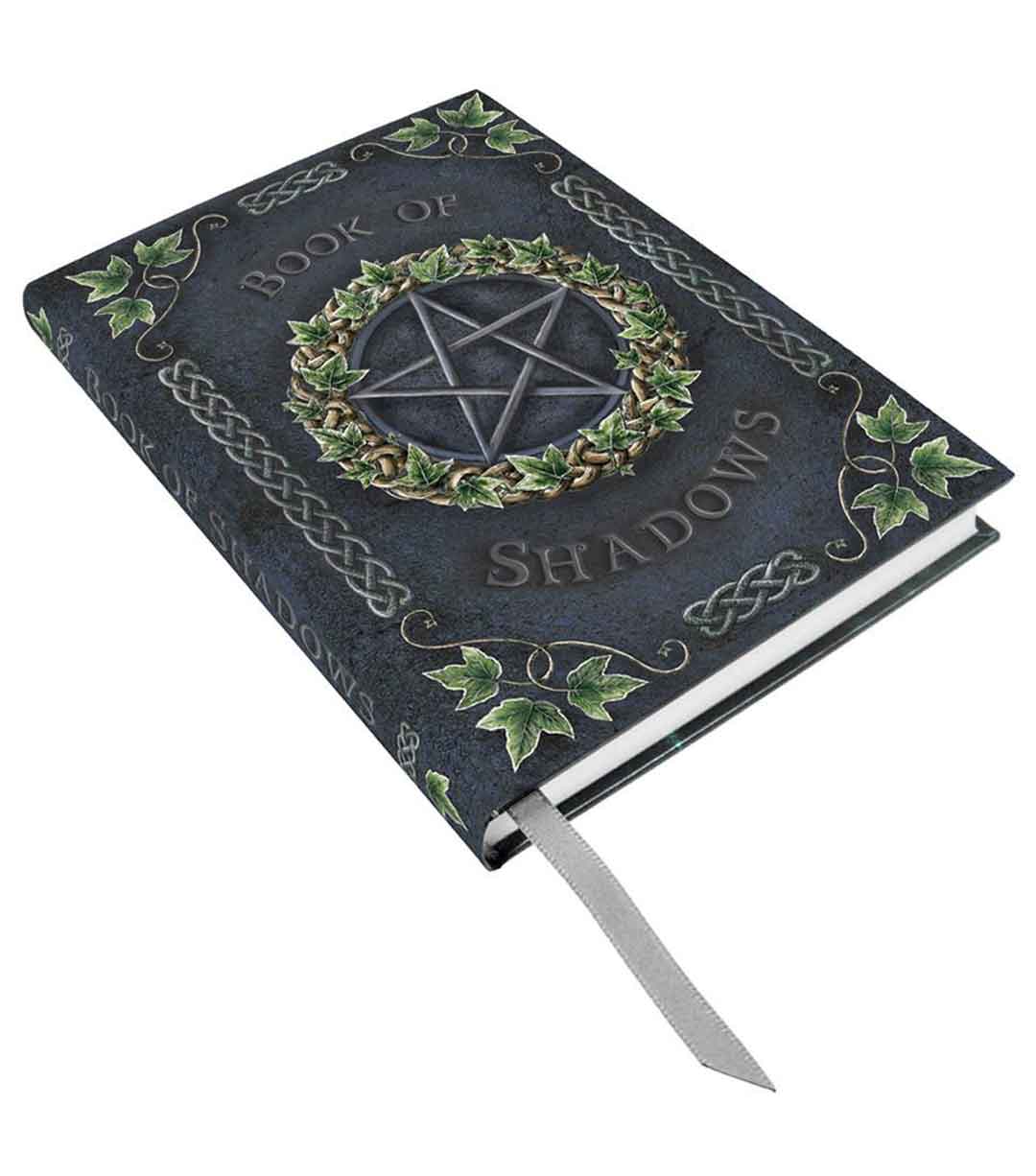 A grey journal with a pentagram in green and gold on the front. The pentagram is surrounded by gold and green ivy leaves and the words Book of Shadows are around the pentagram