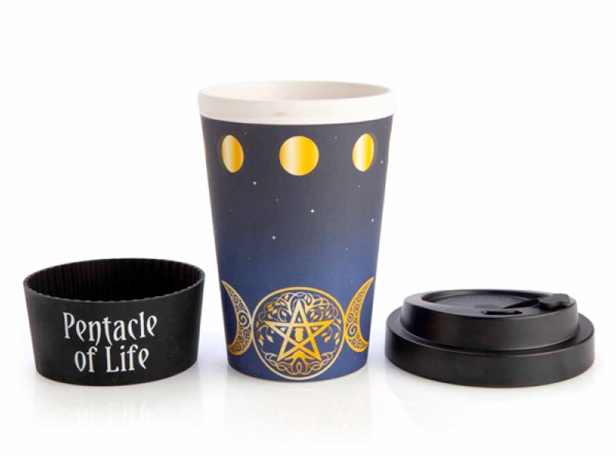 The eco mug split into the three parts, silicon grip, bamboo mug and black lid
