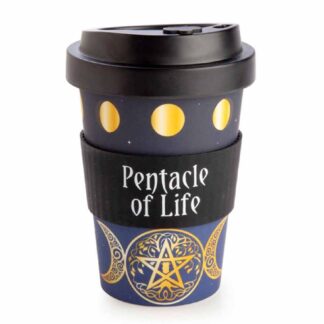 This eco travel mug has golden moon symbols going through the phases around the top against a midnight sky. At the bottom is a pentagram in gold.