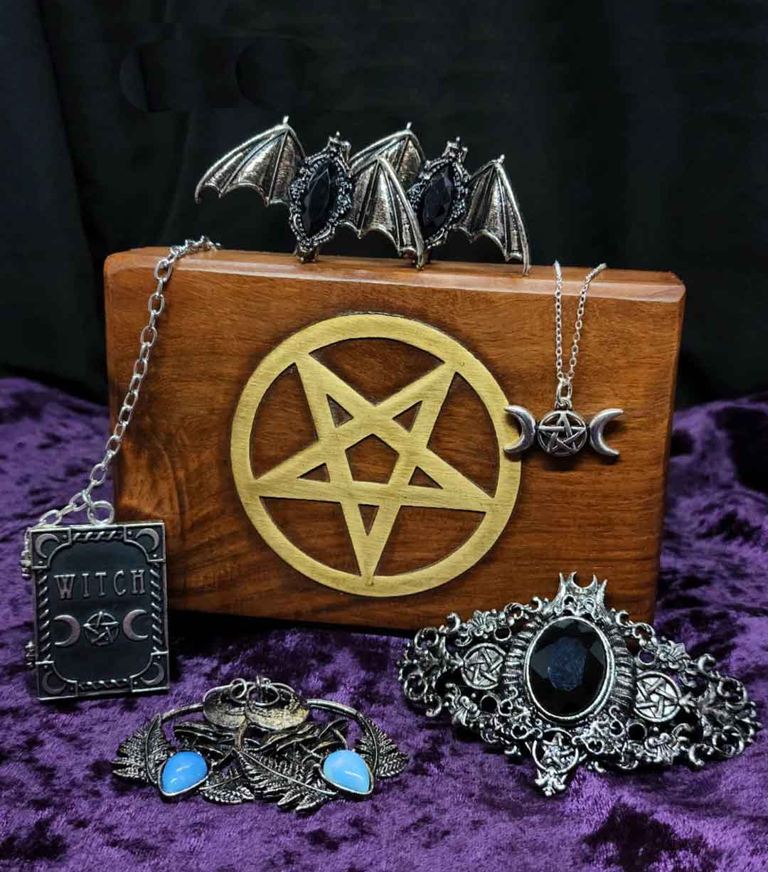 wooden box with gold pentagram - perfect for tarot cards - plus bat hair clips in silver and black and a black and silver hair barette