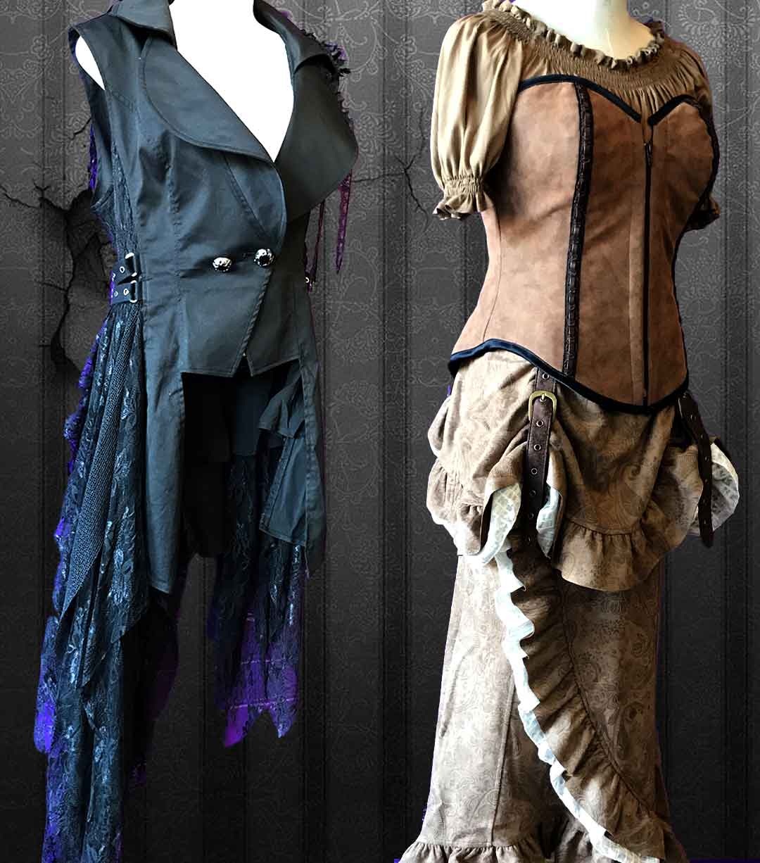 A black punk rave vest with lace features and brown steampunk skirt with ruffles