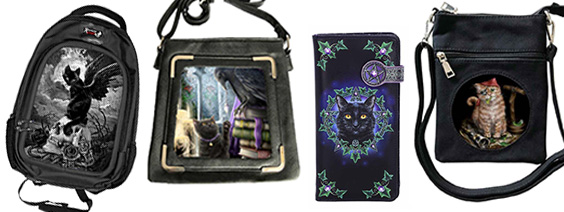 Alchemy cat on a skull backpack, World of 3D cat and raven side bag, Nemesis now black cat purse and pirate kitty mini bag