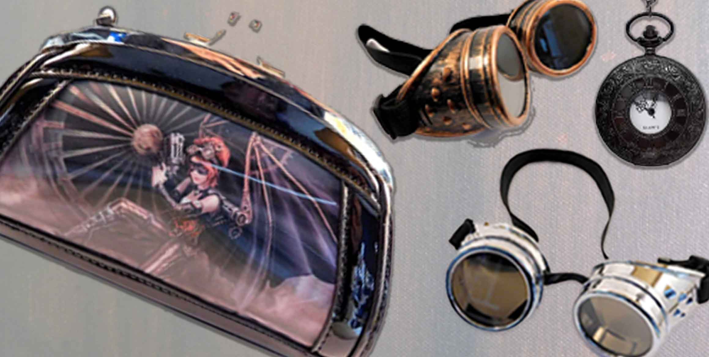 Steampunk ahoy! Anne Stokes Assassin World of 3D evening bag, goggles and fob watches